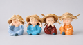 Cute Baby Monk Figurines Set – Straw Hat Resin Statues (See, Hear, Speak, Think No Evil)