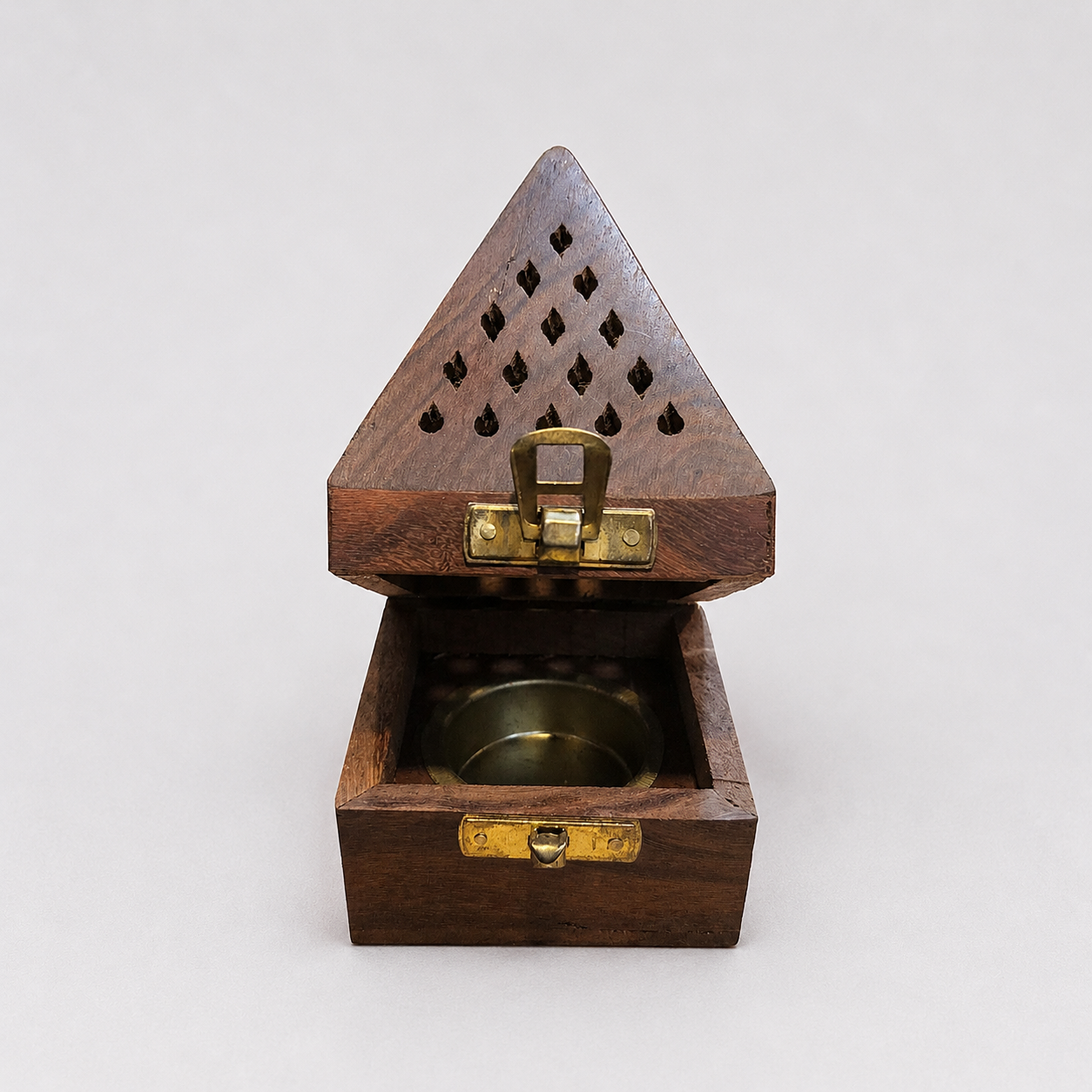 Wooden Pyramid Incense Holder Box with Brass Fittings