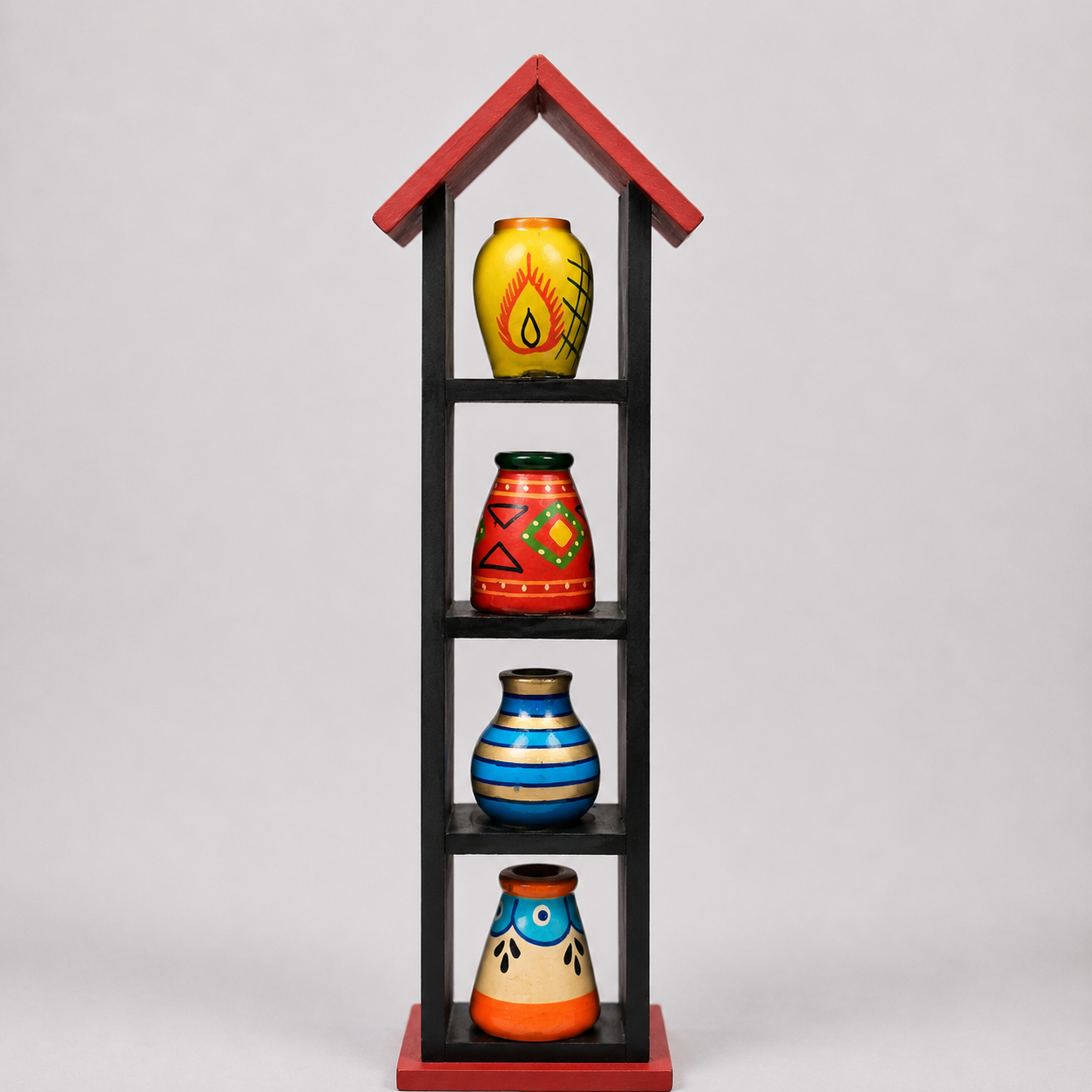 Wooden House-Shaped Display Rack with Mini Painted Pots – 4 Tier