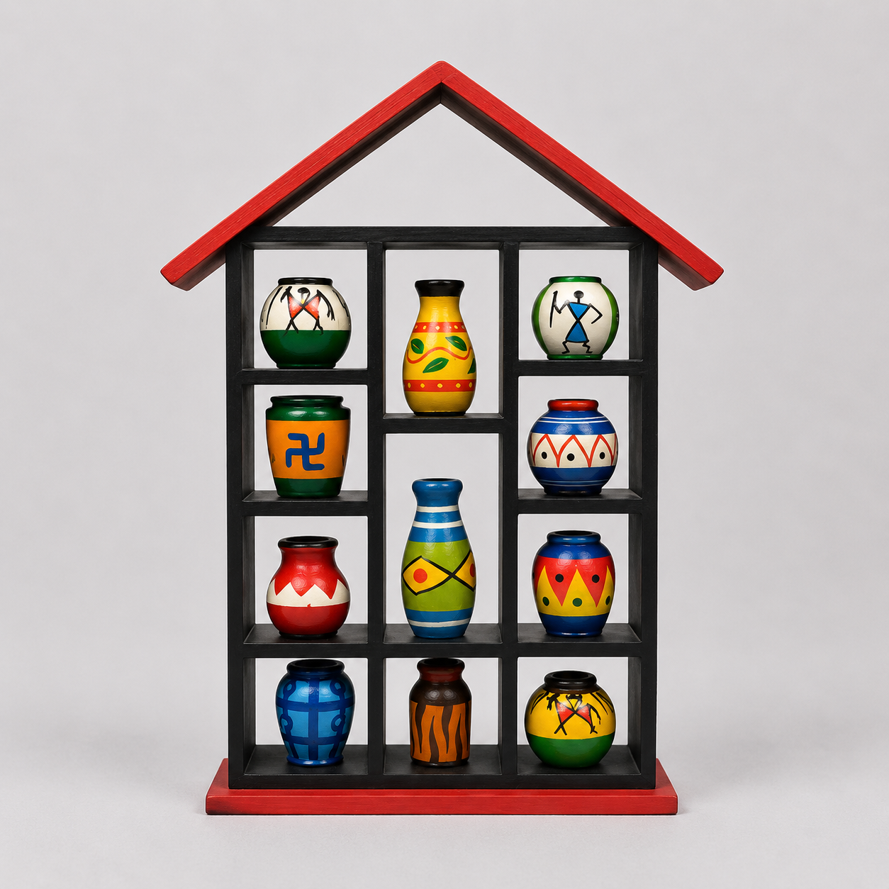 Wooden House-Shaped Display Rack with 10 Hand-Painted Pots