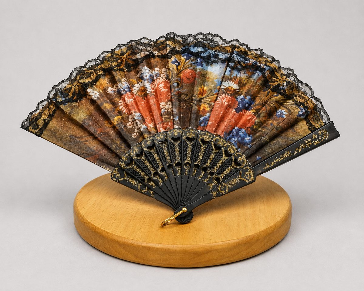 Japanese Floral Folding Hand Fan with Lace Trim | Vintage Decorative Sensu Fan | Wooden Ribs