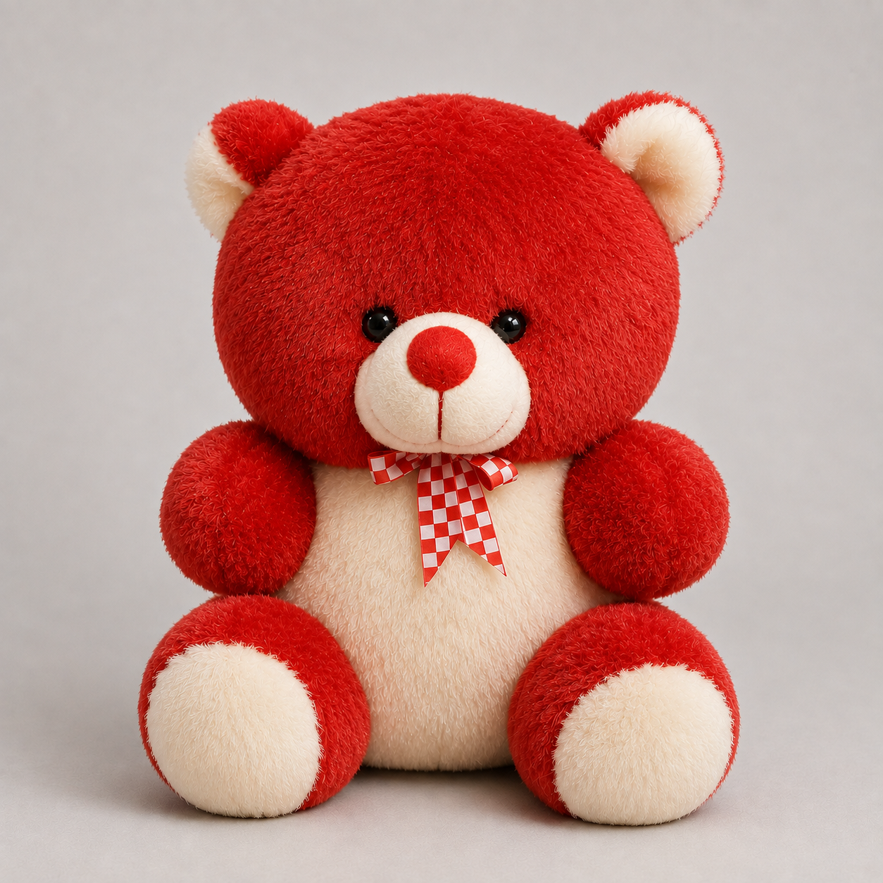 Red & Cream Teddy Bear Soft Toy with Checkered Bow