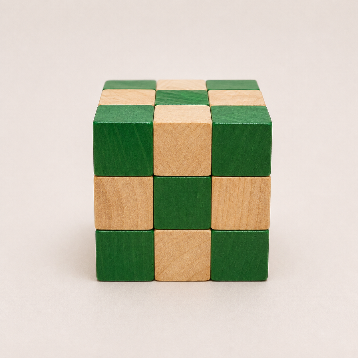 Wooden Checkerboard Cube Puzzle – Natural & Green Montessori Building Block Toy