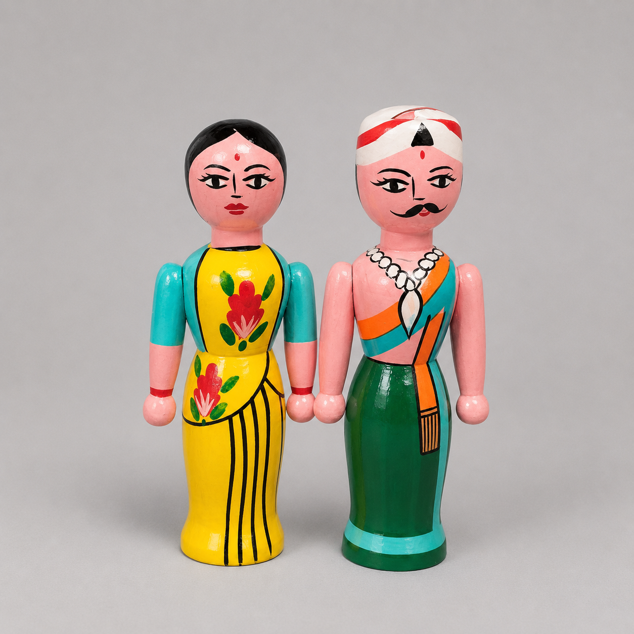 Wooden Traditional Couple Figurine | Handmade Indian Man & Woman Decor Dolls | Cultural Showpiece