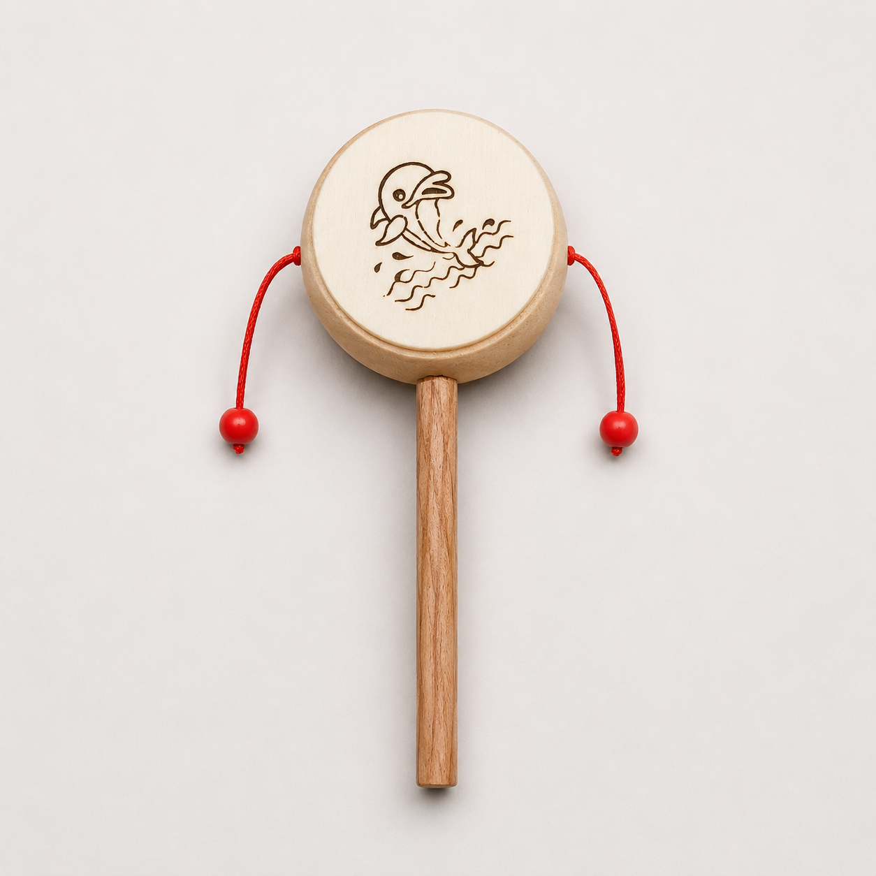 Wooden Dolphin Damroo Rattle for Babies | Handmade Engraved Wooden Drum Toy with Beaded Strings