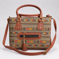 Printed Canvas Tote Bag with Tassel Charm | Ethnic Handbag with Front Zip Pocket