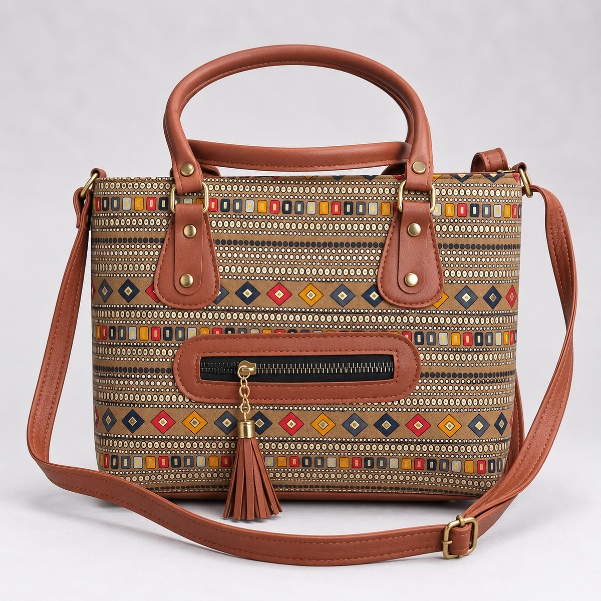 Printed Canvas Tote Bag with Tassel Charm | Ethnic Handbag with Front Zip Pocket