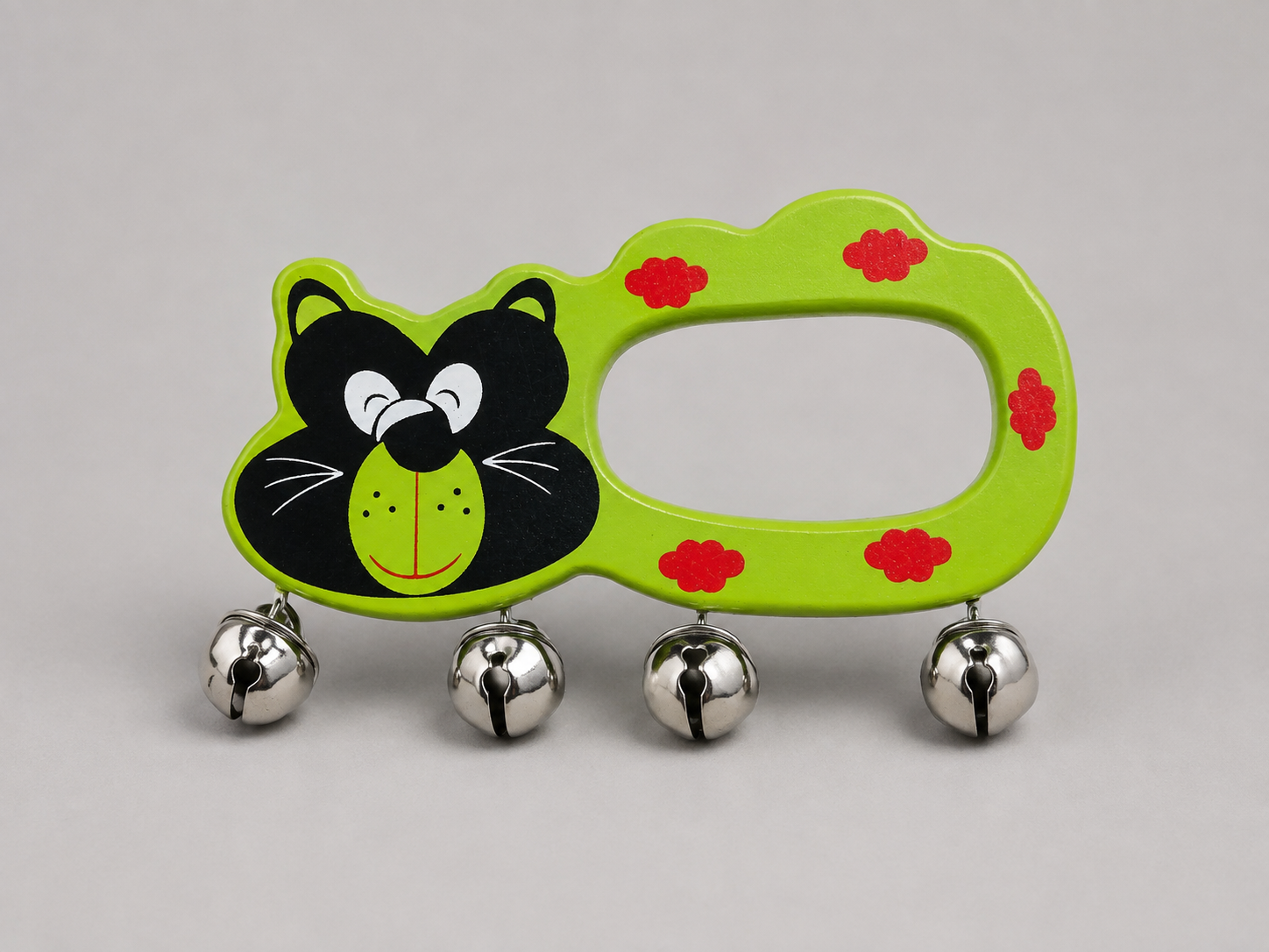 Wooden Animal Face Bell Rattle for Babies | Handmade Jhunjhuna Toy with Jingle Bells | Cat, Tiger & Rabbit