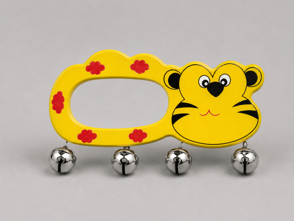 Wooden Animal Face Bell Rattle for Babies | Handmade Jhunjhuna Toy with Jingle Bells | Cat, Tiger & Rabbit