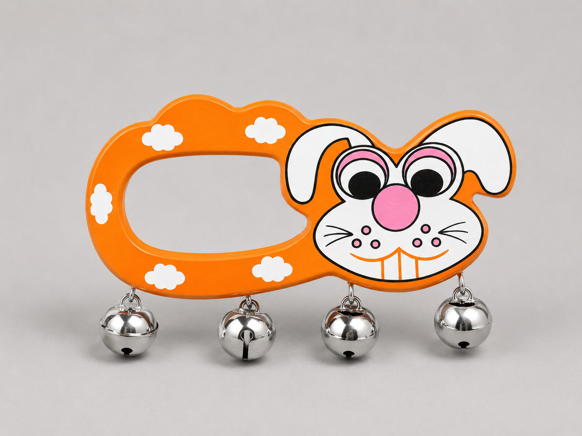 Wooden Animal Face Bell Rattle for Babies | Handmade Jhunjhuna Toy with Jingle Bells | Cat, Tiger & Rabbit