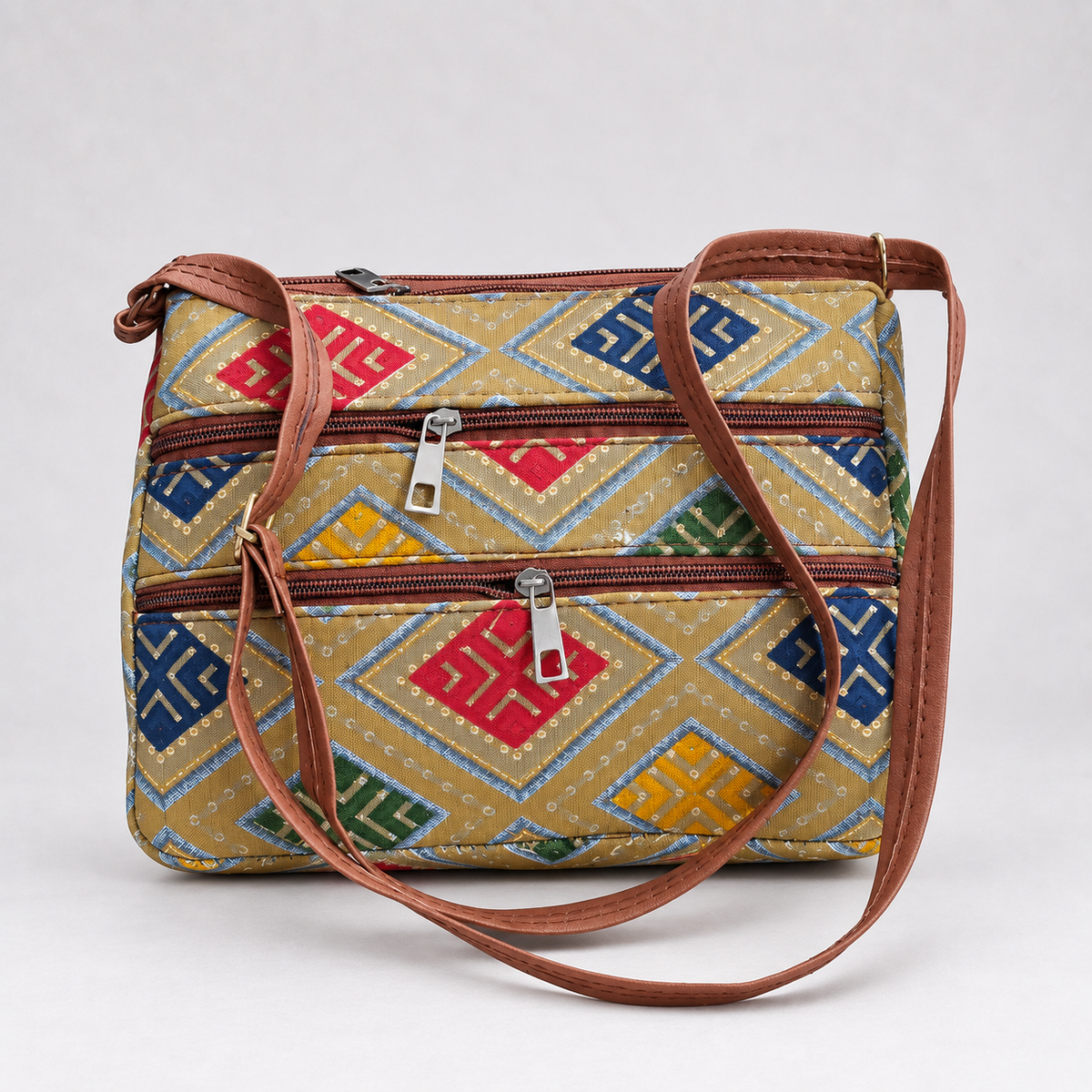 Printed Crossbody Sling Bag for Women | Multi-Pocket Canvas Handbag with Adjustable Strap