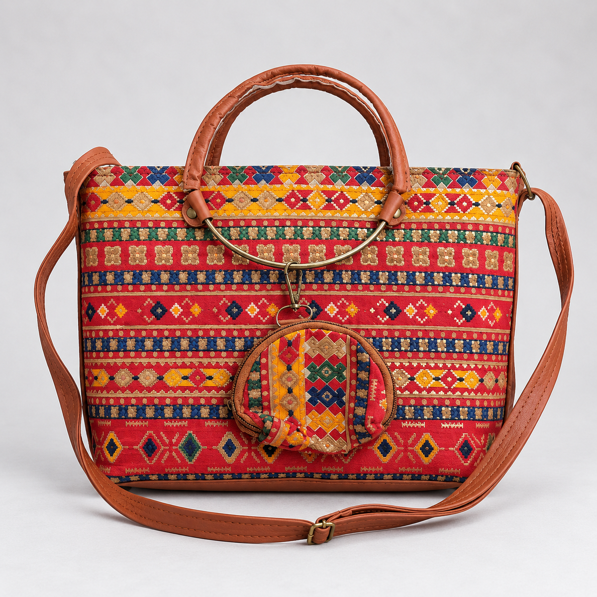 Ethnic Print Ring Handle Tote Bag with Coin Purse Charm | Boho Canvas Handbag for Women