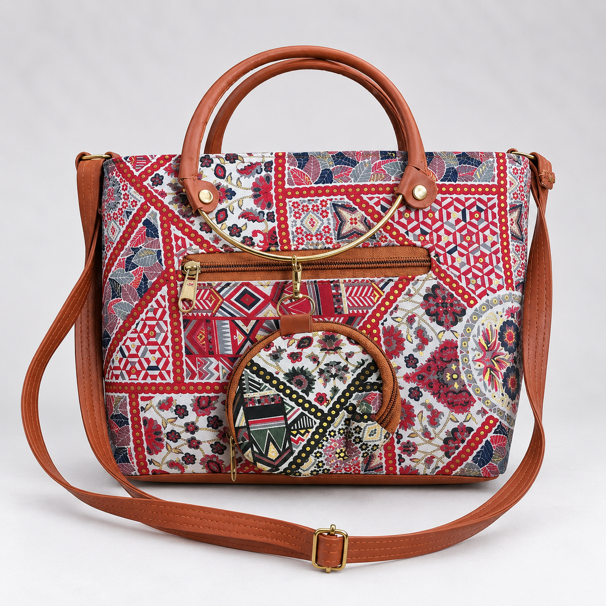 Ethnic Print Ring Handle Tote Bag with Coin Purse Charm | Boho Canvas Handbag for Women