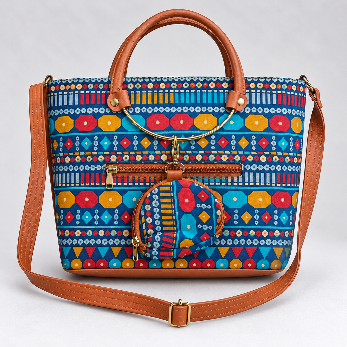 Ethnic Print Ring Handle Tote Bag with Coin Purse Charm | Boho Canvas Handbag for Women