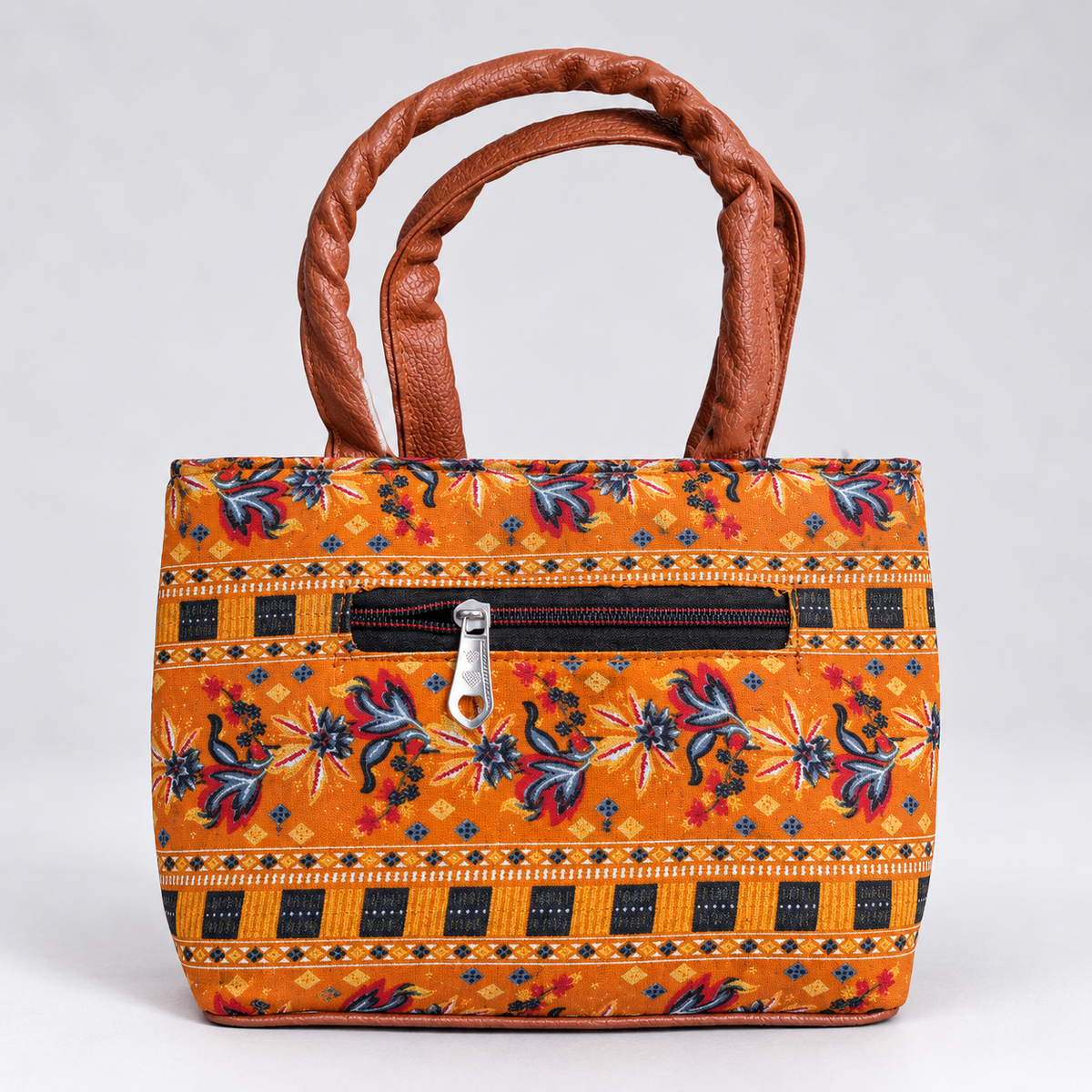 Printed Mini Tote Handbag with Braided Handles | Ethnic Canvas Purse for Women
