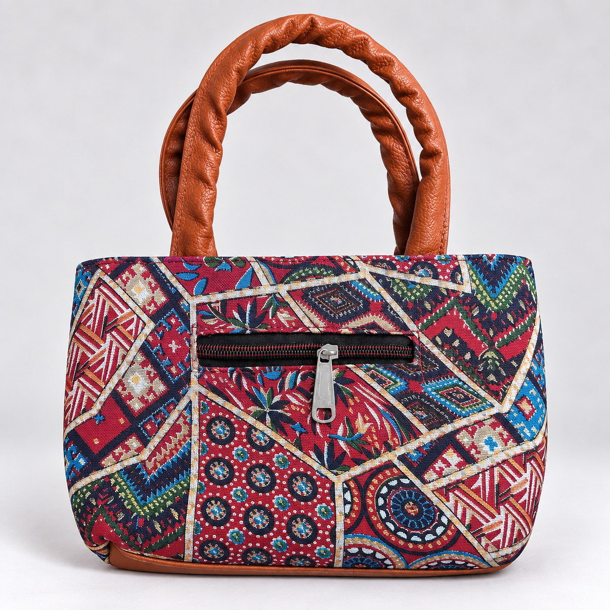 Printed Mini Tote Handbag with Braided Handles | Ethnic Canvas Purse for Women