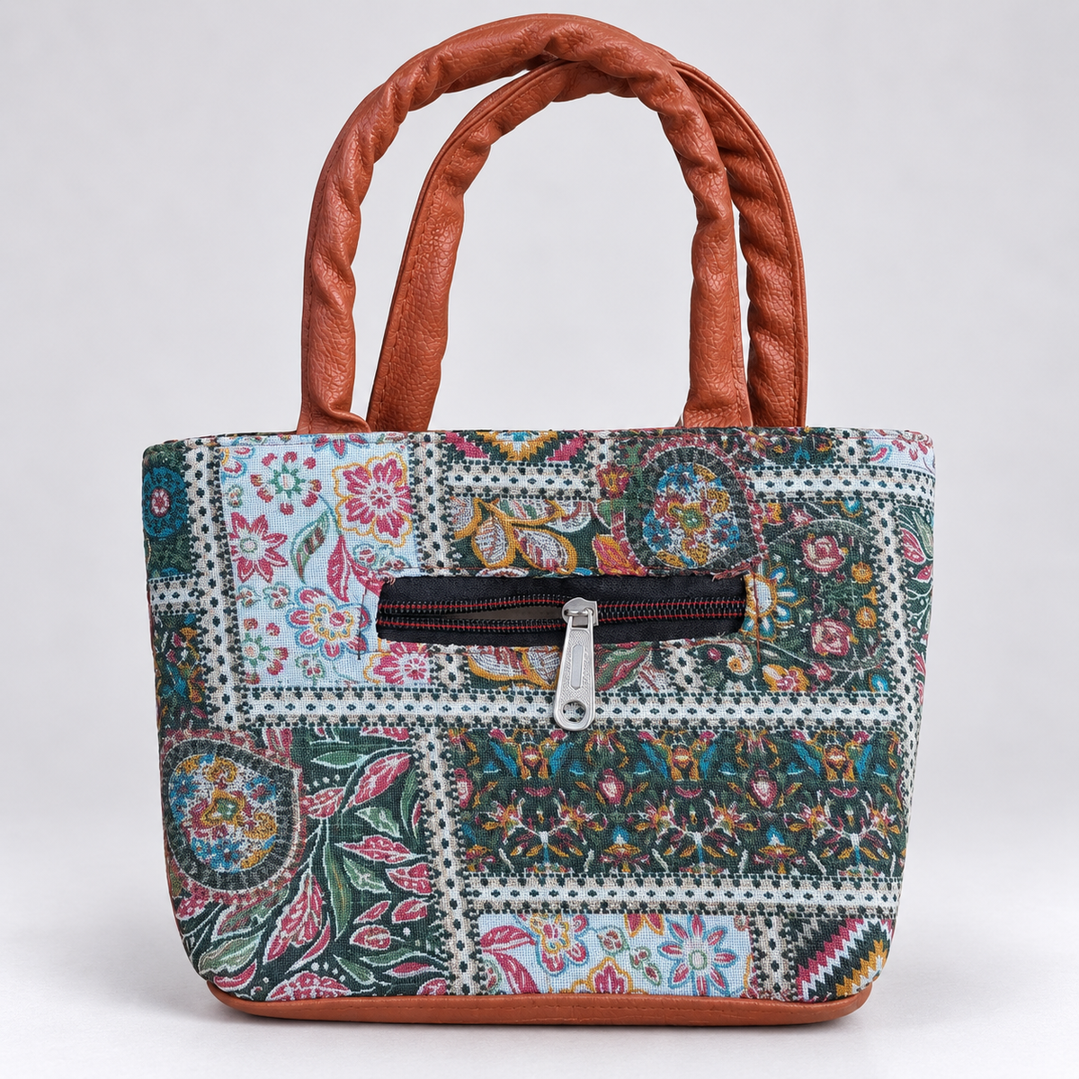 Printed Mini Tote Handbag with Braided Handles | Ethnic Canvas Purse for Women
