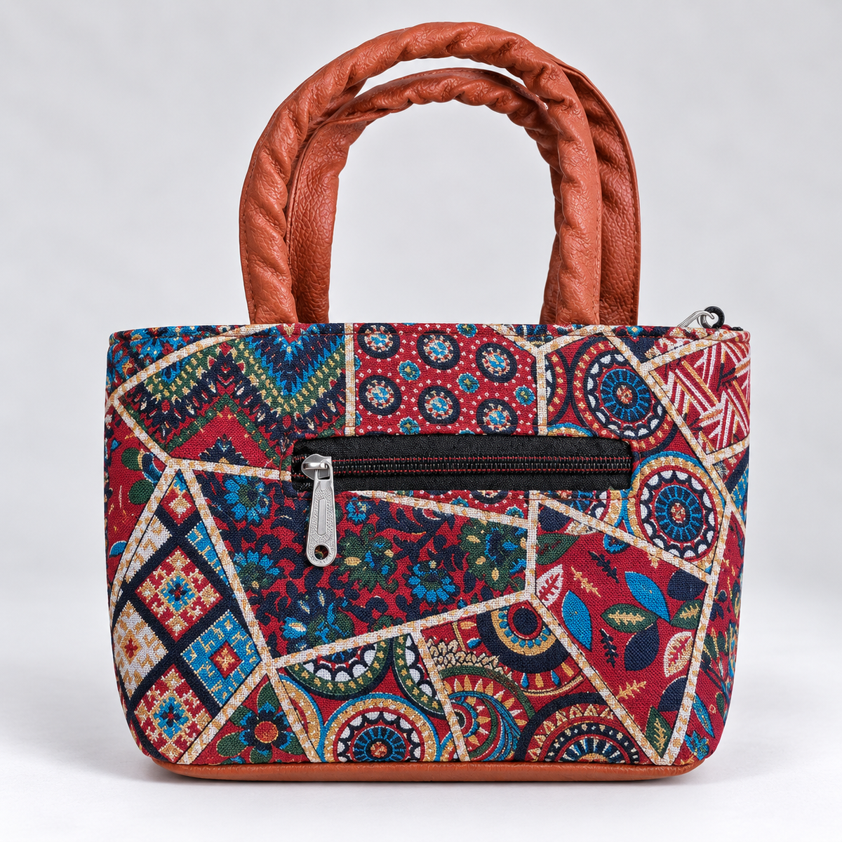Printed Mini Tote Handbag with Braided Handles | Ethnic Canvas Purse for Women