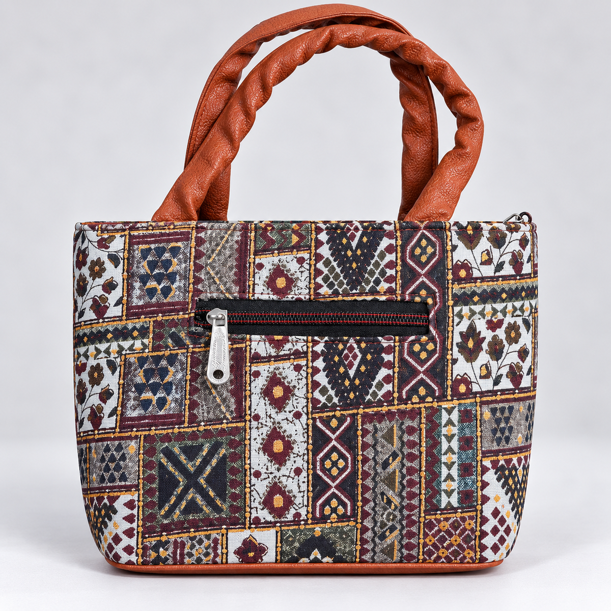 Printed Mini Tote Handbag with Braided Handles | Ethnic Canvas Purse for Women